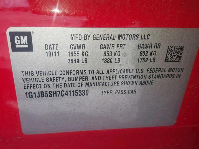 1G1JB5SH7C4115330 - 2012 CHEVROLET SONIC LS RED photo 10