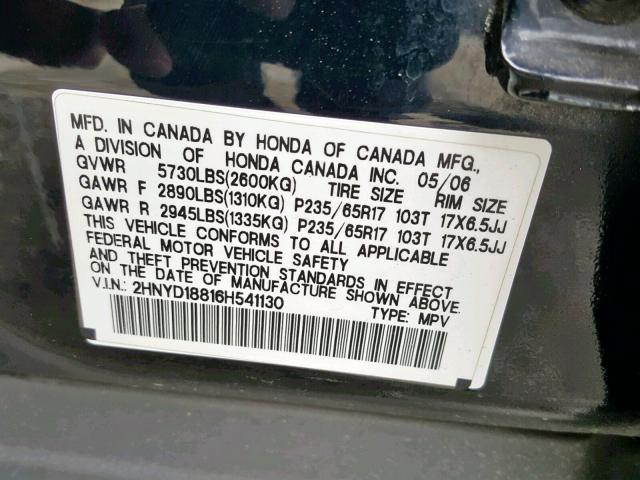 2HNYD18816H541130 - 2006 ACURA MDX TOURIN BLACK photo 10