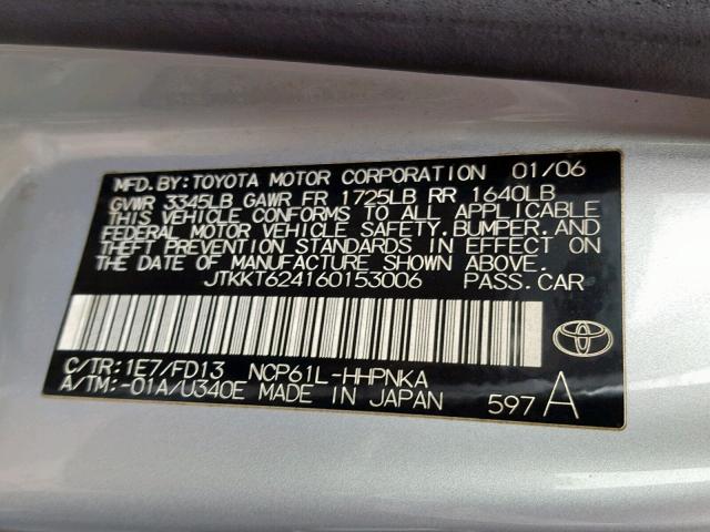 JTKKT624160153006 - 2006 TOYOTA SCION XA SILVER photo 10