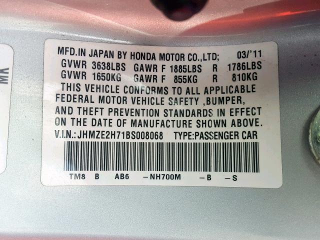 JHMZE2H71BS008068 - 2011 HONDA INSIGHT EX SILVER photo 10