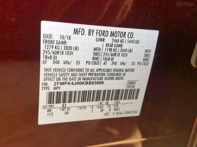 2FMPK4J90KBB03896 - 2019 FORD EDGE SEL RED photo 10