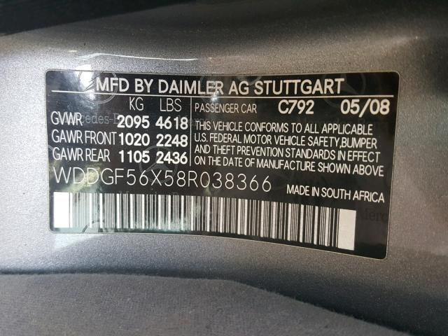 WDDGF56X58R038366 - 2008 MERCEDES-BENZ C 350 GRAY photo 10