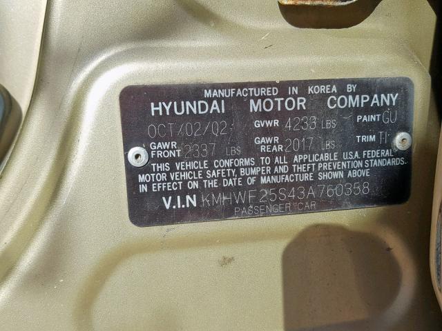 KMHWF25S43A760358 - 2003 HYUNDAI SONATA GL BEIGE photo 10