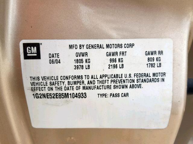 1G2NE52E85M104933 - 2005 PONTIAC GRAND AM S GOLD photo 10