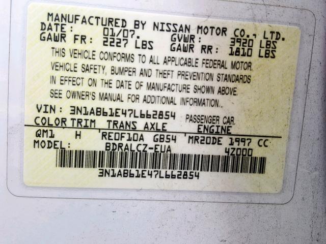 3N1AB61E47L662854 - 2007 NISSAN SENTRA 2.0 WHITE photo 10