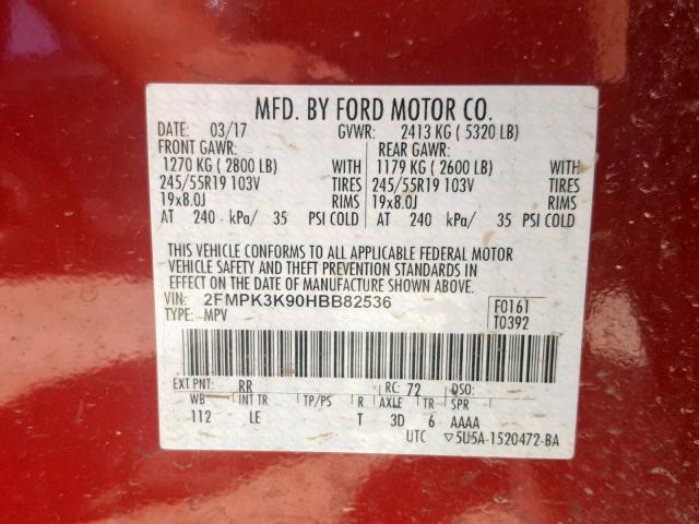 2FMPK3K90HBB82536 - 2017 FORD EDGE TITAN RED photo 10