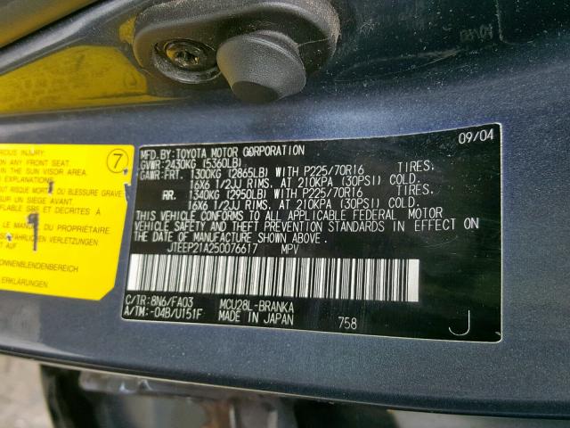 JTEEP21A250076617 - 2005 TOYOTA HIGHLANDER GRAY photo 10