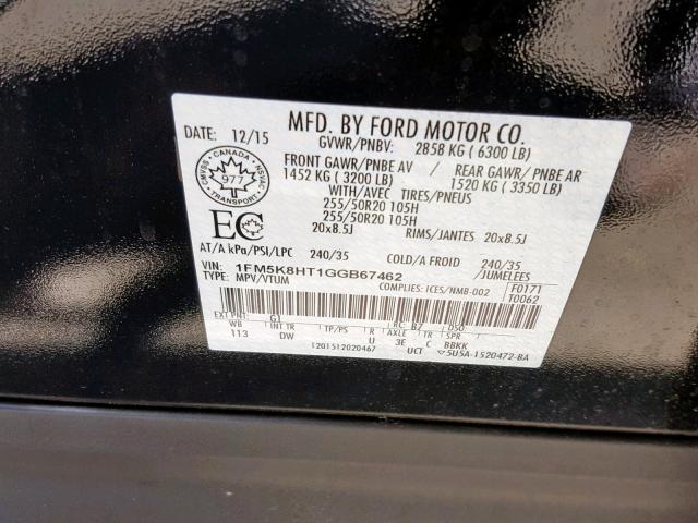 1FM5K8HT1GGB67462 - 2016 FORD EXPLORER P BLACK photo 10