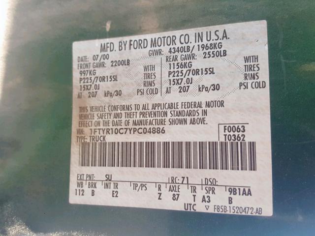 1FTYR10C7YPC04886 - 2000 FORD RANGER GREEN photo 10