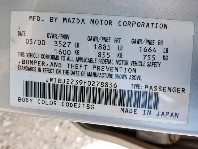 JM1BJ2239Y0278836 - 2000 MAZDA PROTEGE ES 银色 照片 10