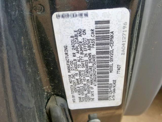 4T1BG22K0YU750495 - 2000 TOYOTA CAMRY CE GRAY photo 10