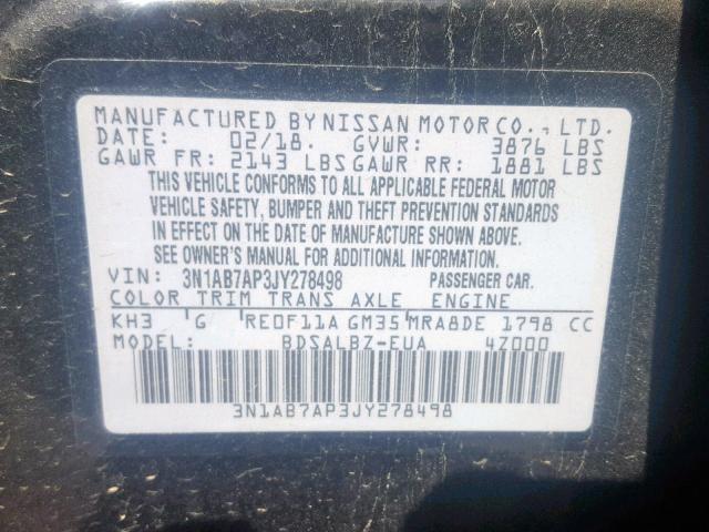 3N1AB7AP3JY278498 - 2018 NISSAN SENTRA S BLACK photo 10