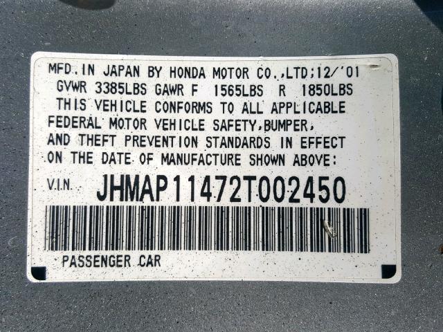 JHMAP11472T002450 - 2002 HONDA S2000 SILVER photo 10