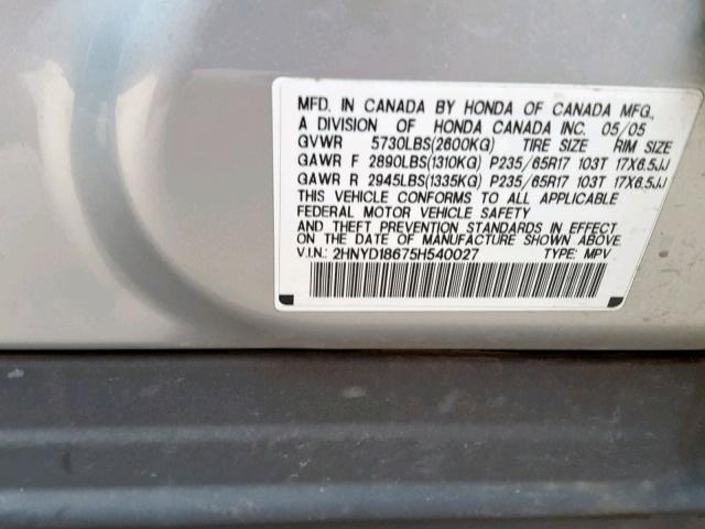 2HNYD18675H540027 - 2005 ACURA MDX TOURIN SILVER photo 10