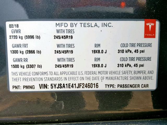 5YJSA1E41JF246016 - 2018 TESLA MODEL S BLUE photo 10