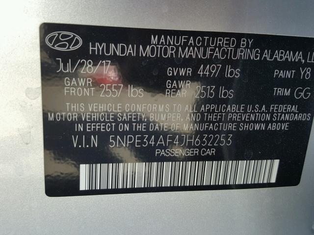 5NPE34AF4JH632253 - 2018 HYUNDAI SONATA SPO SILVER photo 10