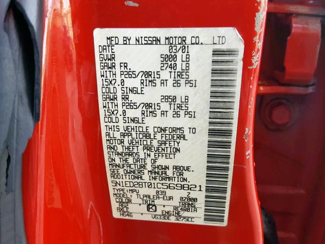 5N1ED28T01C569821 - 2001 NISSAN XTERRA XE RED photo 10