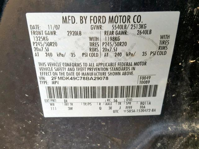 2FMDK49C78BA29078 - 2008 FORD EDGE LIMIT BLACK photo 10