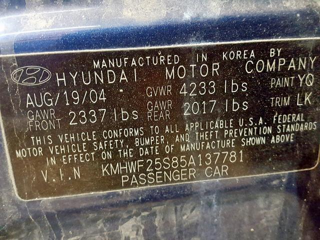 KMHWF25S85A137781 - 2005 HYUNDAI SONATA GL BLUE photo 10