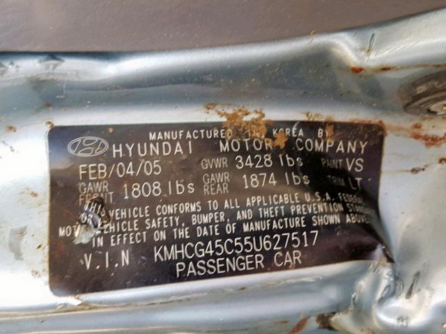 KMHCG45C55U627517 - 2005 HYUNDAI ACCENT GL BLUE photo 10