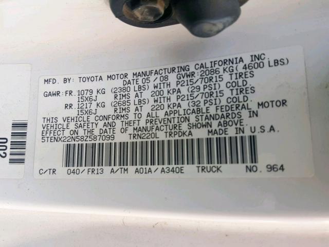 5TENX22N58Z587099 - 2008 TOYOTA TACOMA WHITE photo 10