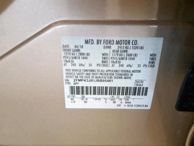 2FMPK3J91JBB95481 - 2018 FORD EDGE SEL BEIGE photo 10