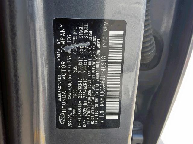 KM8J3CA46JU748918 - 2018 HYUNDAI TUCSON SEL GRAY photo 10