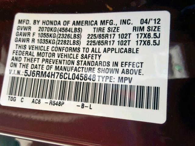 5J6RM4H76CL045848 - 2012 HONDA CR-V EXL MAROON photo 10