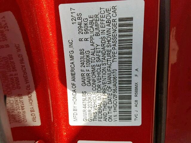 1HGCV2F56JA006170 - 2018 HONDA ACCORD EXL RED photo 10