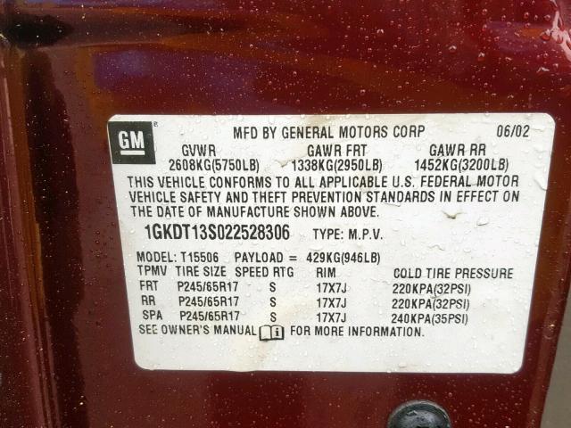 1GKDT13S022528306 - 2002 GMC ENVOY BURGUNDY photo 10