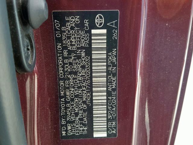 JTKDE177670203232 - 2007 TOYOTA SCION TC PURPLE photo 10