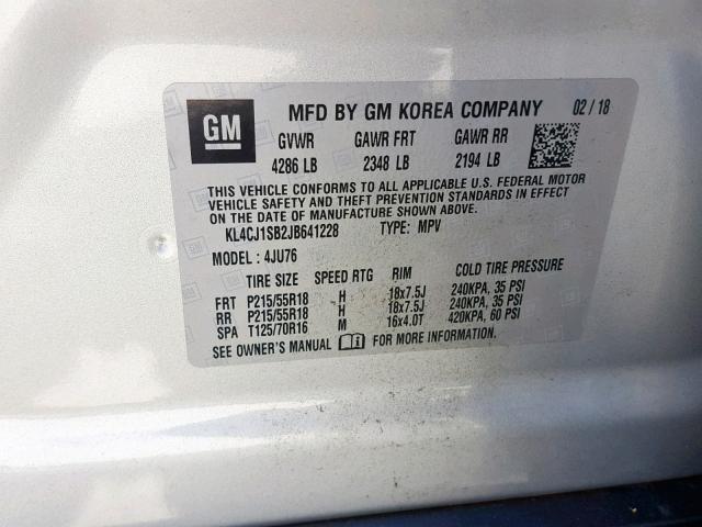 KL4CJ1SB2JB641228 - 2018 BUICK ENCORE SPO SILVER photo 10