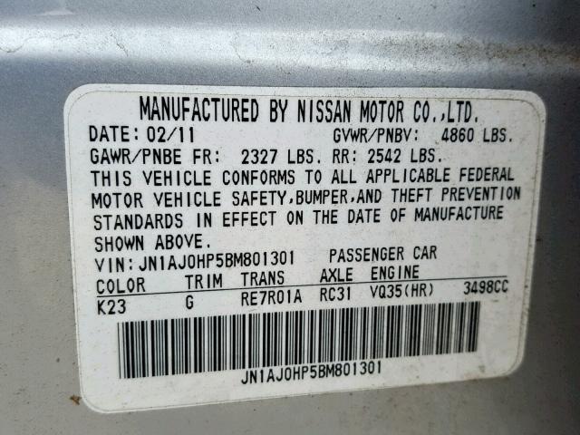 JN1AJ0HP5BM801301 - 2011 INFINITI EX35 BASE SILVER photo 10