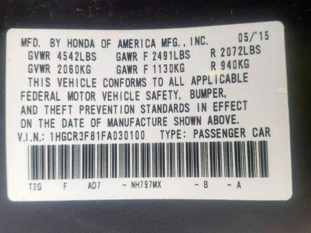 1HGCR3F81FA030100 - 2015 HONDA ACCORD EXL GRAY photo 10