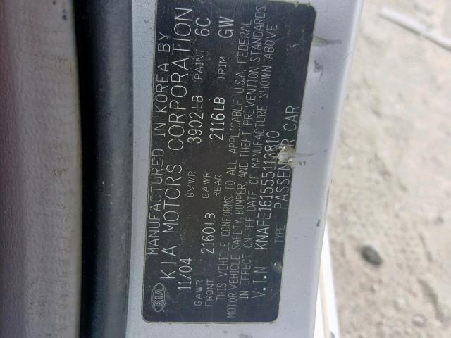 KNAFE161555113810 - 2005 KIA SPECTRA5 SILVER photo 10