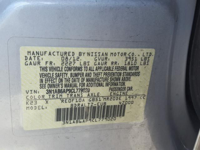 3N1AB6AP9CL779020 - 2012 NISSAN SENTRA 2.0 SILVER photo 10