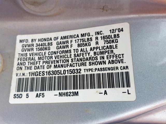 1HGES16305L015032 - 2005 HONDA CIVIC DX V SILVER photo 10