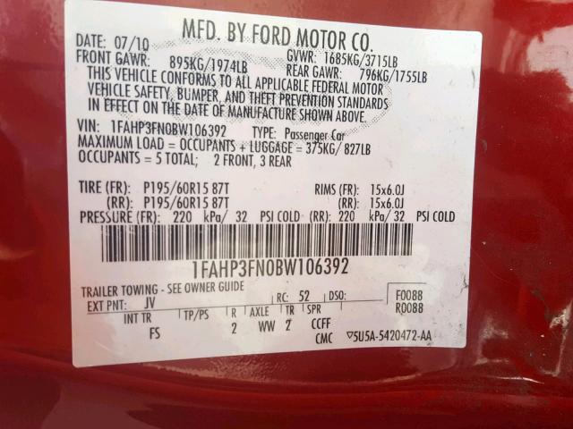 1FAHP3FN0BW106392 - 2011 FORD FOCUS RED photo 10