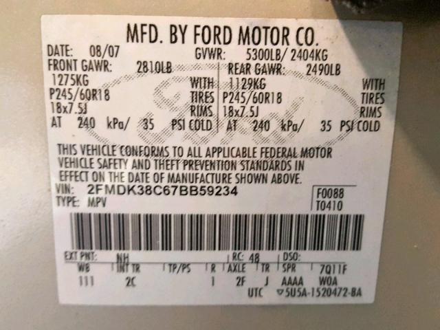 2FMDK38C67BB59234 - 2007 FORD EDGE SEL SILVER photo 10