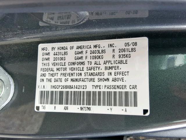 1HGCP268X8A142123 - 2008 HONDA ACCORD EXL CHARCOAL photo 10