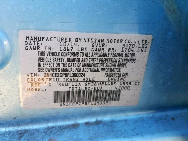 3N1CE2CP8FL390024 - 2015 NISSAN VERSA NOTE TEAL photo 10