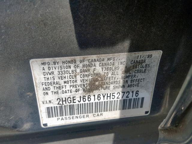 2HGEJ6616YH527216 - 2000 HONDA CIVIC BASE GREEN photo 10