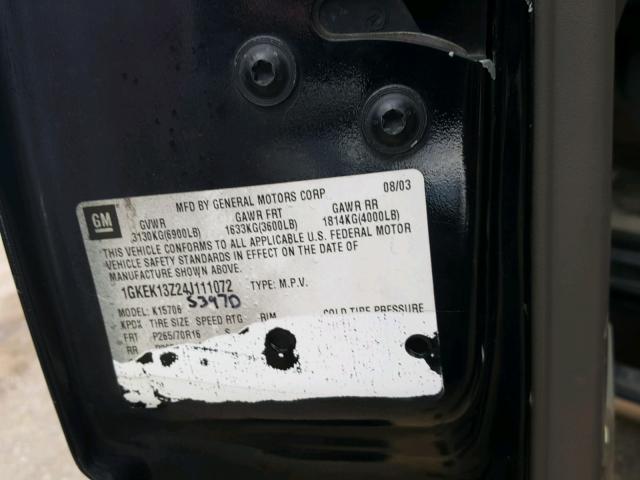 1GKEK13Z24J111072 - 2004 GMC YUKON BLACK photo 10