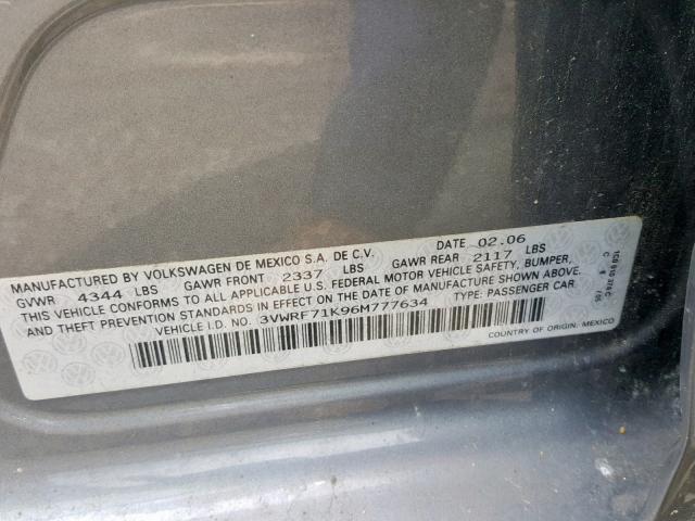 3VWRF71K96M777634 - 2006 VOLKSWAGEN JETTA 2.5 GRAY photo 10