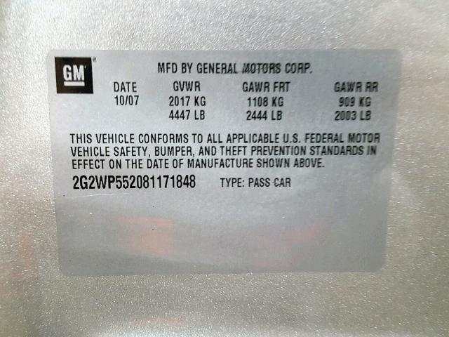 2G2WP552081171848 - 2008 PONTIAC GRAND PRIX SILVER photo 10