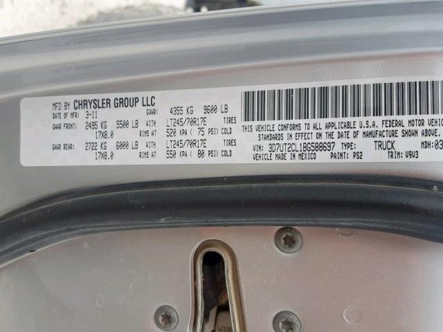 3D7UT2CL1BG588697 - 2011 DODGE RAM 2500 SILVER photo 10