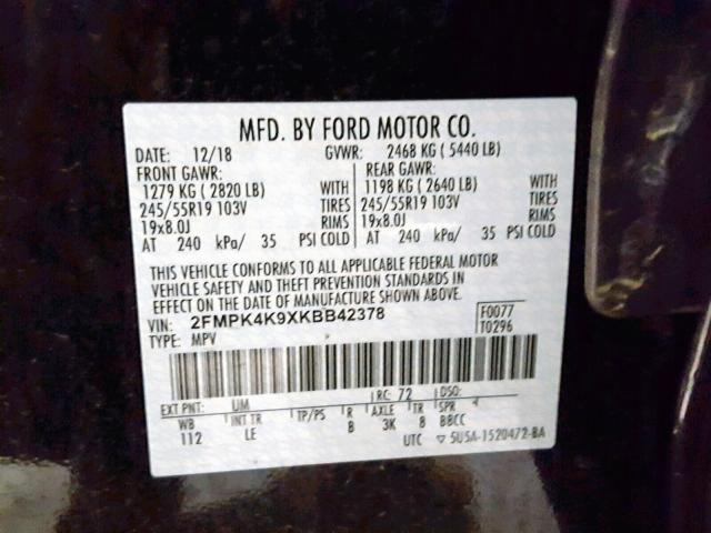 2FMPK4K9XKBB42378 - 2019 FORD EDGE TITAN BLACK photo 10