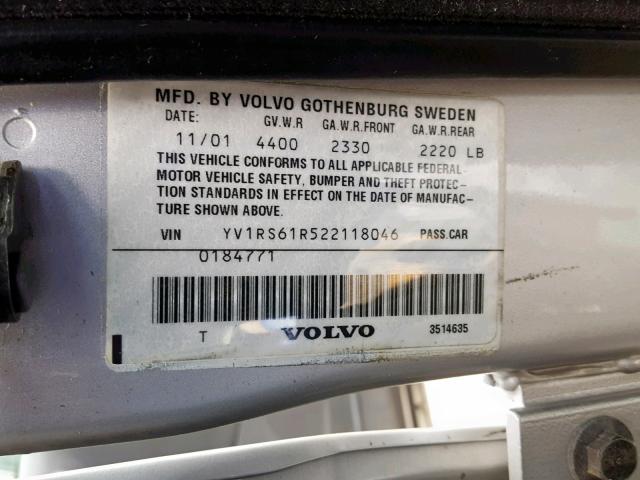 YV1RS61R522118046 - 2002 VOLVO S60 SILVER photo 10