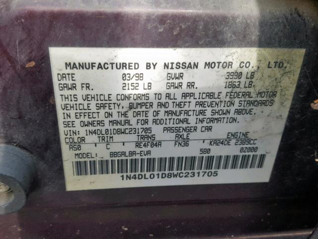 1N4DL01D8WC231705 - 1998 NISSAN ALTIMA XE BURGUNDY photo 10