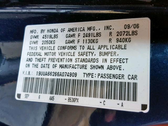 19UUA66266A074909 - 2006 ACURA 3.2TL BLUE photo 10